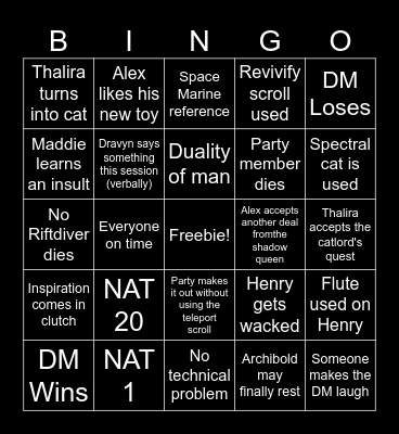 Dragonblood's Legacy 62nd Session Bingo Card