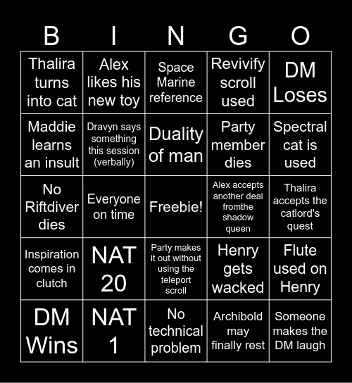 Dragonblood's Legacy 62nd Session Bingo Card