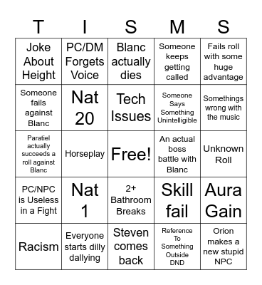 DND Tism Chasm Bingo Card