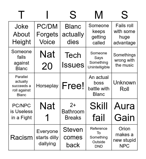 DND Tism Chasm Bingo Card