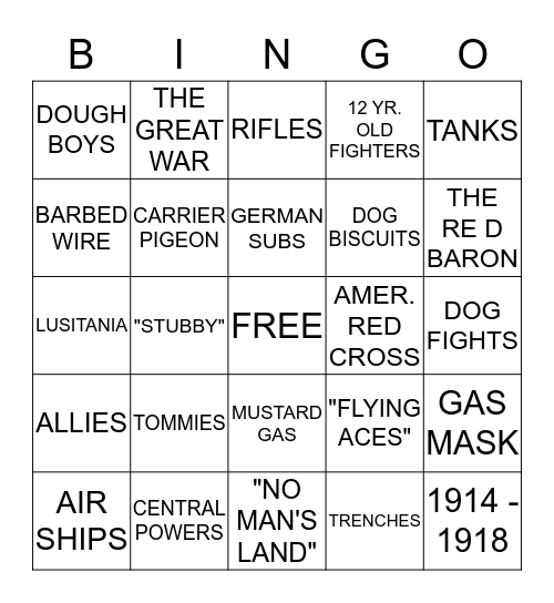WORLD WAR I Bingo Card