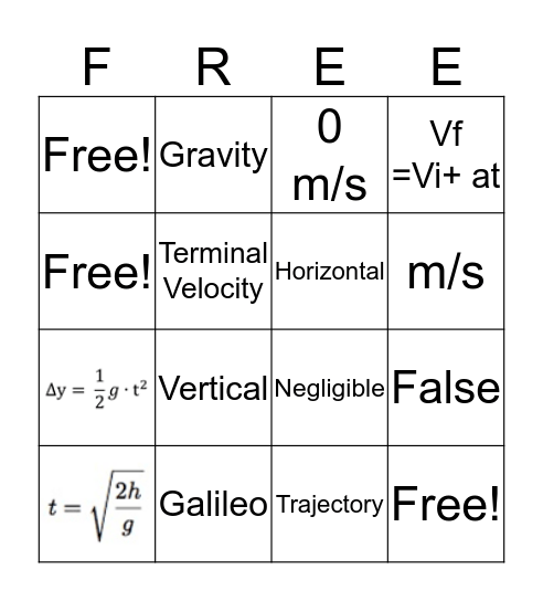 Motion in 2D Bingo Card