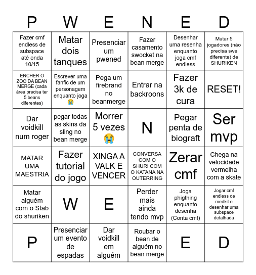 PHIGTHING AND BEAN MERGE Bingo Card
