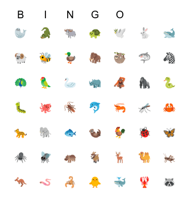 Emoji Animal 123 Bingo Card