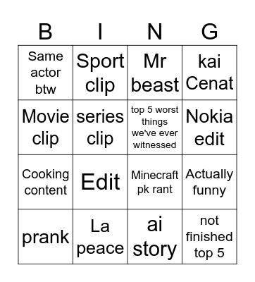 Youtube Bingo Card