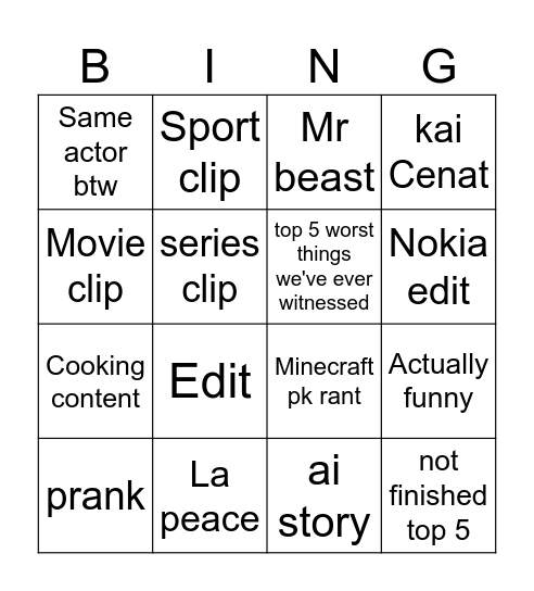 Youtube Bingo Card