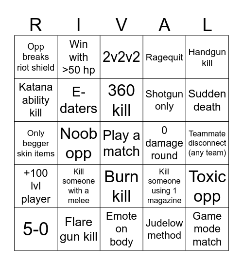 Rivals bingo card Bingo Card