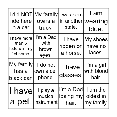 Daddy/Daughter Bingo Card