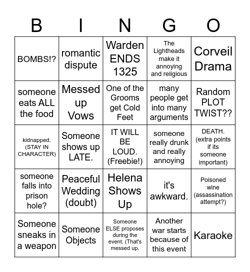 WHAT WILL HAPPEN AT THE WEDDING!? Bingo Card