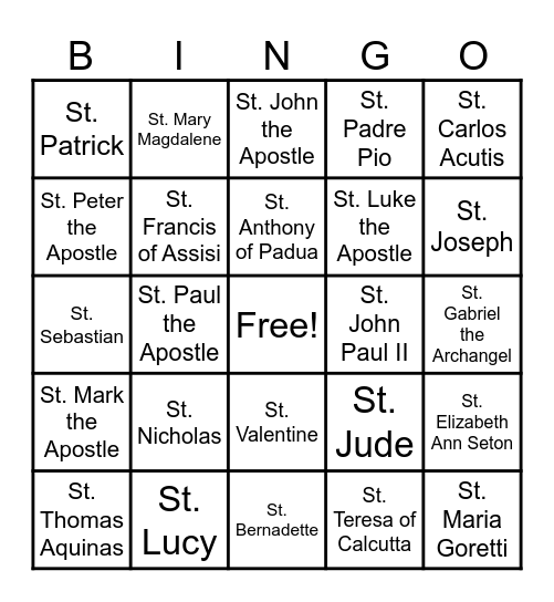 Catholic Saints Bingo Card