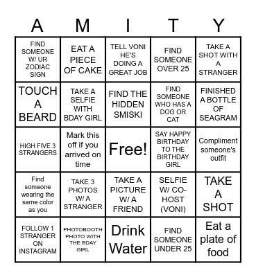 Amity's Birthday BINGO Card