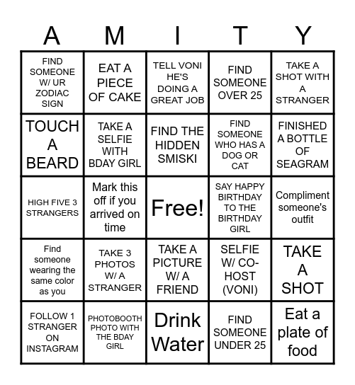 Amity's Birthday BINGO Card