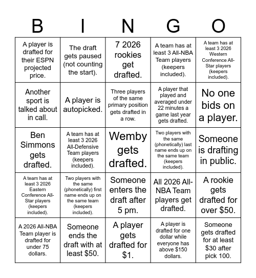 Paper 2026 Fantasy Draft Bingo Card