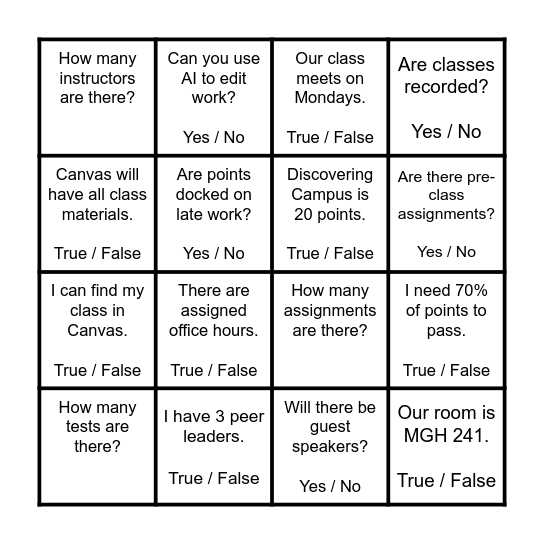 Syllabus Bingo Card