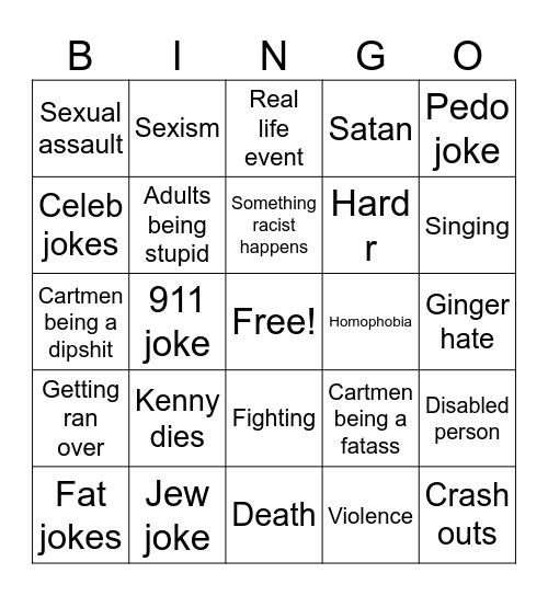 South Park bingo Card