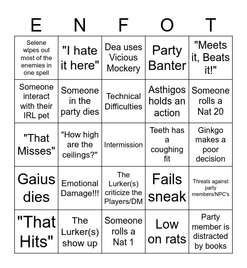 Bingo of The Dragonlords Bingo Card