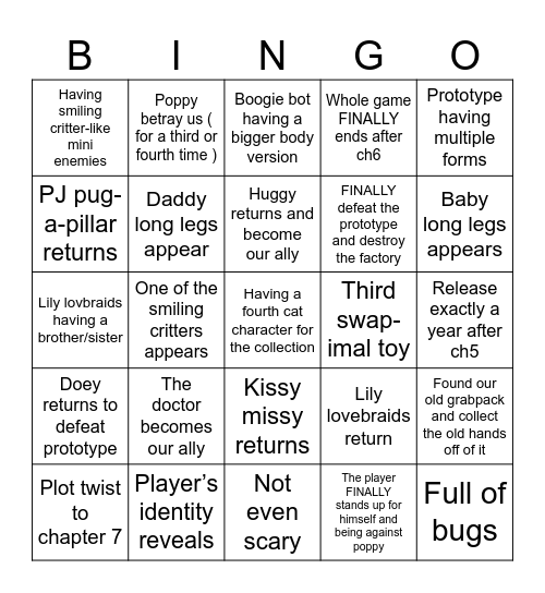 Poppy playtime chapter 6 Bingo Card