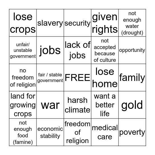 Immigration Bingo Card