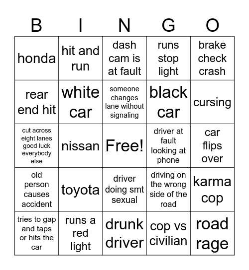 Cars Bingo Card