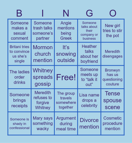 RHOSLC Season 7 Bingo Card