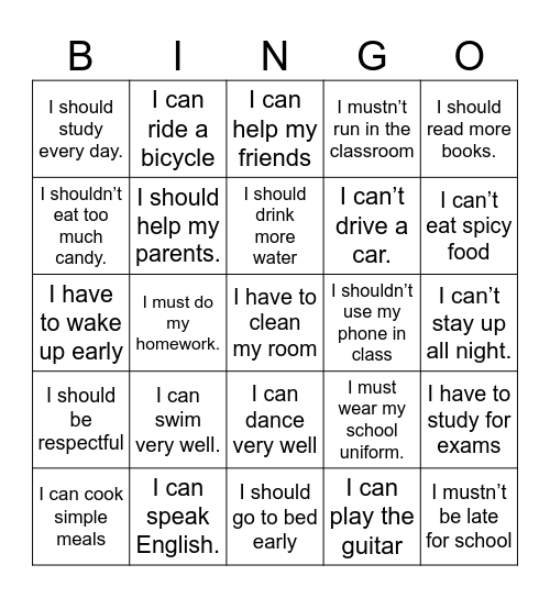 Modal Verbs Bingo Card