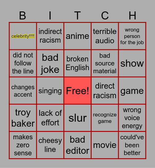 Terrible Voice Acting Bingo Card