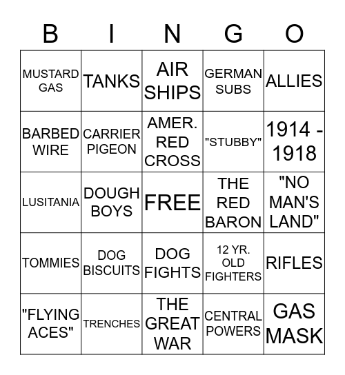 WORLD WAR I Bingo Card