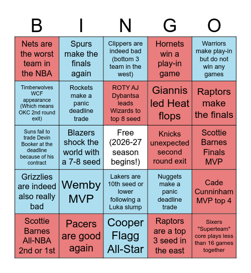 NBA 2026-27 Hot Takes Bingo (Balanced Conf) Bingo Card