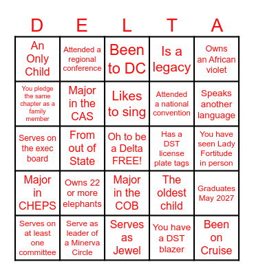 Theta Rho DST Get to Know my Sister Bingo Card