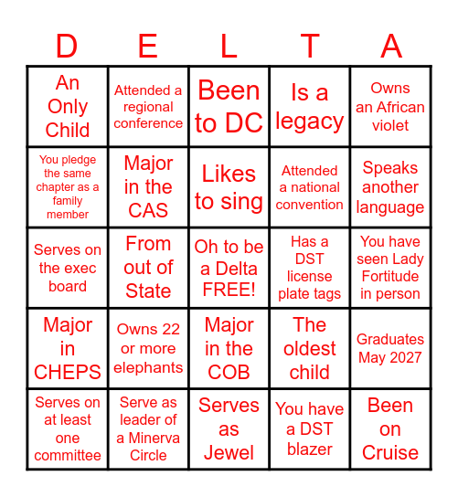 Theta Rho DST Get to Know my Sister Bingo Card