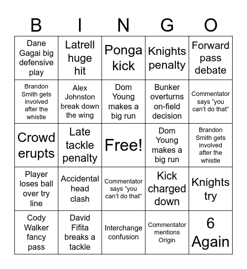 NRL GRAND FINAL KNIGHTS VS RABBITOHS Bingo Card