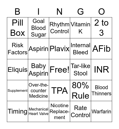 Stroke Medication BINGO Card