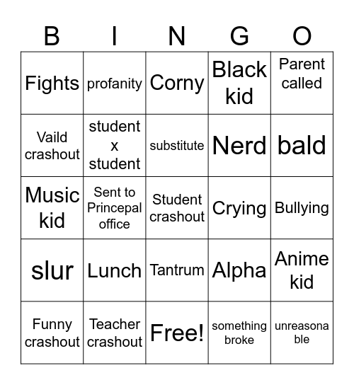 School crashout bigno Bingo Card