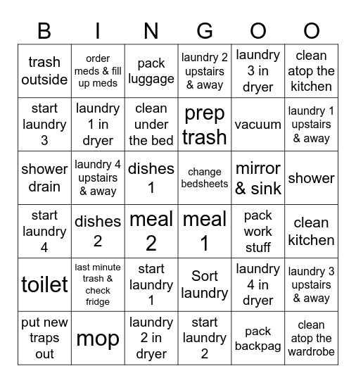 To Do Home before Leaving Bingo Card