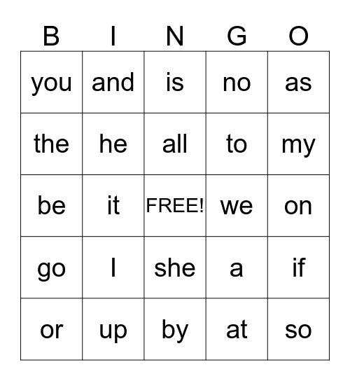 Star Words Bingo Card