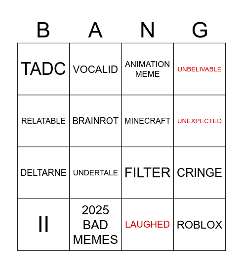 Shorts Bingo Card