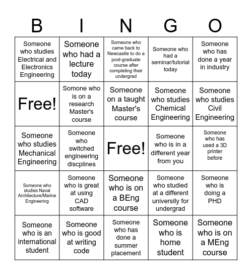 BEN Welcome Event Bingo Card