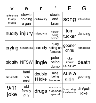 family guy Bingo Card