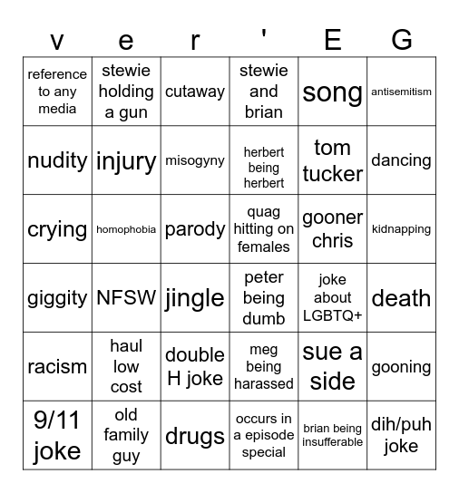 family guy Bingo Card