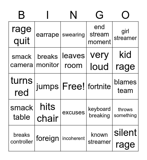 gamer rage bingo Card