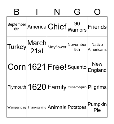 The First Thanksgiving Bingo Card