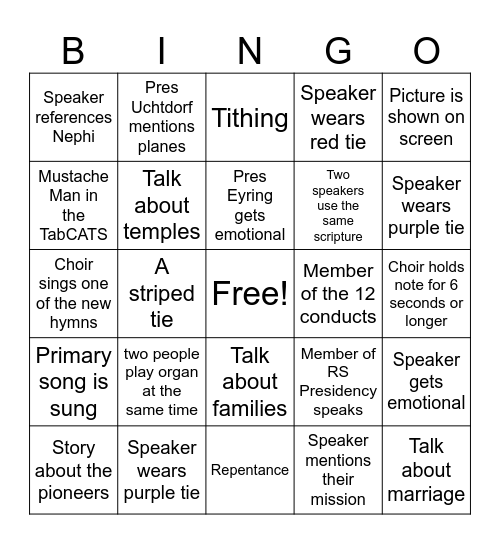 General Conference Bingo Card
