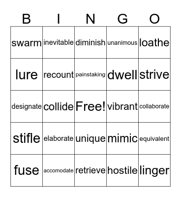 Vocabulary Bingo Card