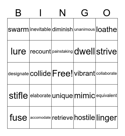 Vocabulary Bingo Card