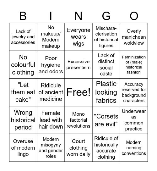 Quill's historical pet peeves Bingo Card