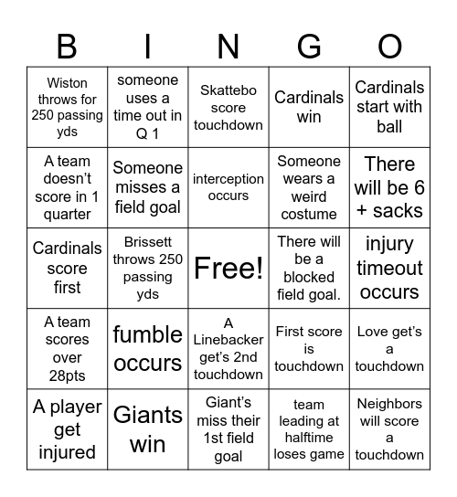 Giants vs Cardinals Bingo Card