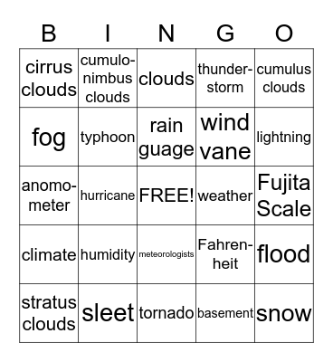 Weather Bingo Card