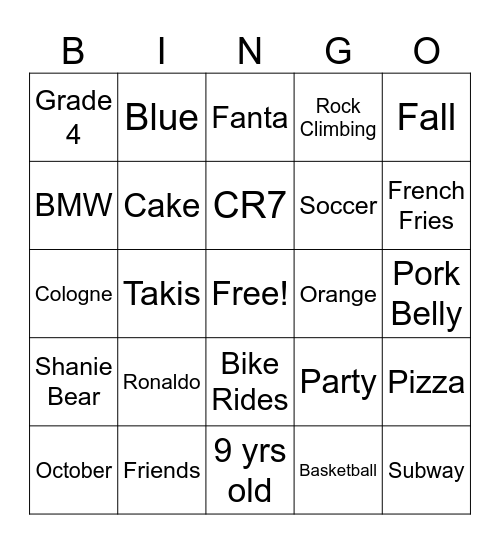 Ishaan’s Birthday Bingo Card