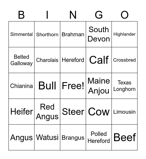 Cattle Breeds Bingo Card