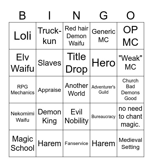 Isekai Bingo Card
